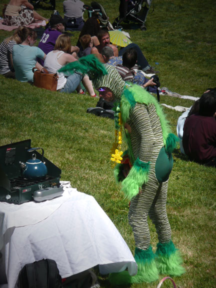man dressed in green bunny outfit