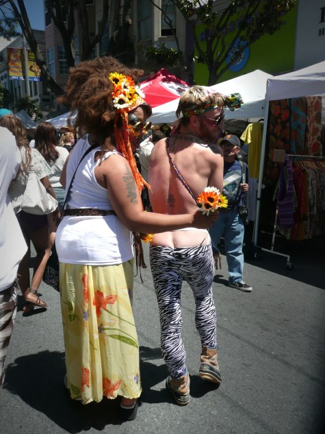 Bay-Area-Backsides-Sarah-Curtiss-Haight-Street-couple-plumbers-butt Couple where one man in zebra tights is showing a bit of crack