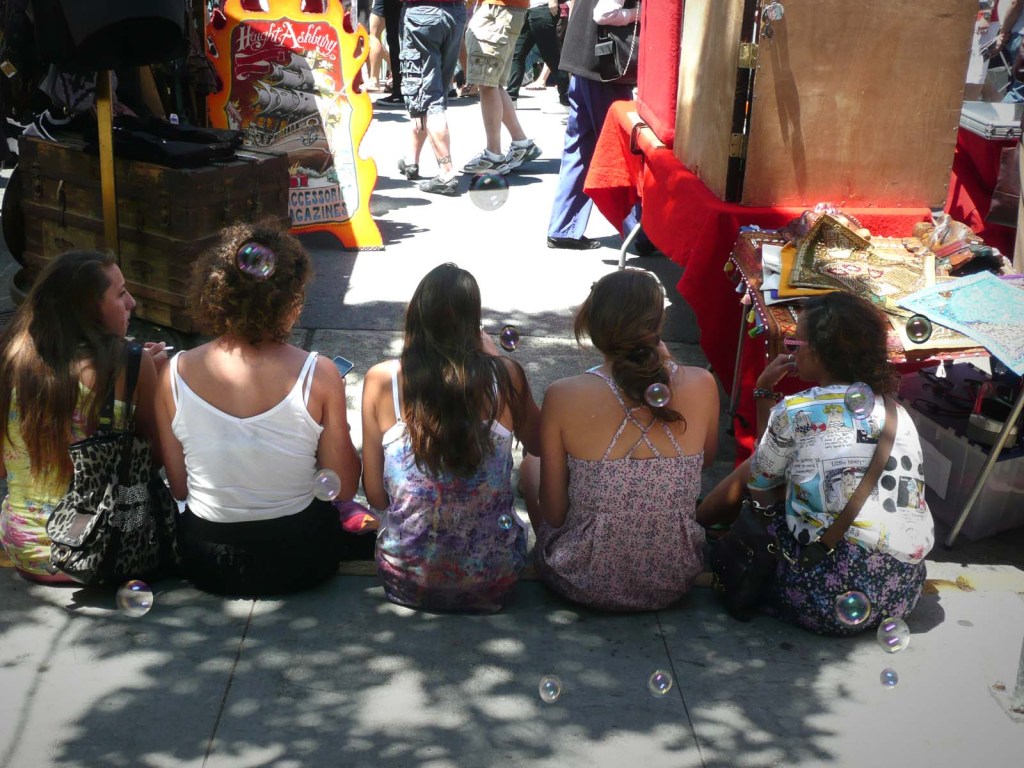 Five young women with bubbles