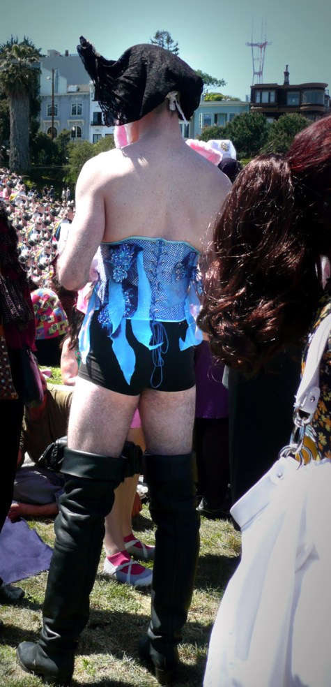 Bay-Area-Backsides-Sarah-Curtiss-Easter-Dolore-Park-Mission-District-Thigh-Boots Man in corset and thigh high boots