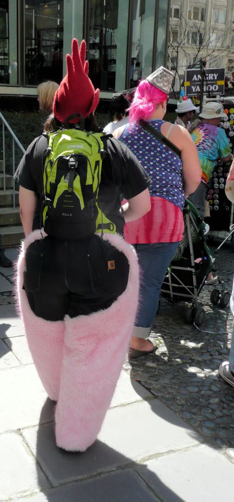 woman in pink furry chaps at st stupids day in san francisco