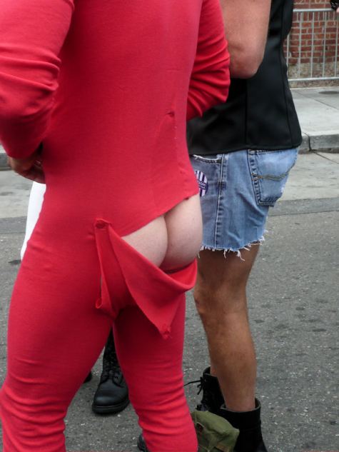 man with red pajamas with seat ripped